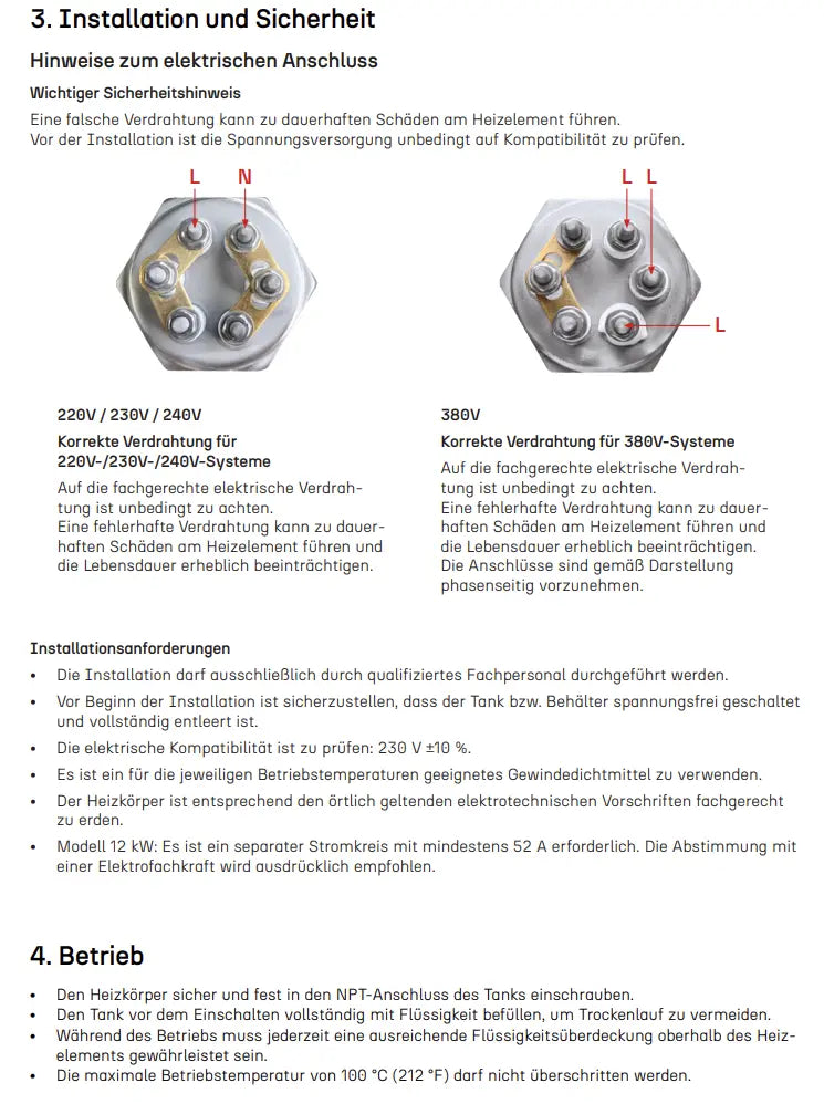 Varilla eléctrica de acero inoxidable 3–12 kW – depósito acumulador – 1½" AG – 230V
