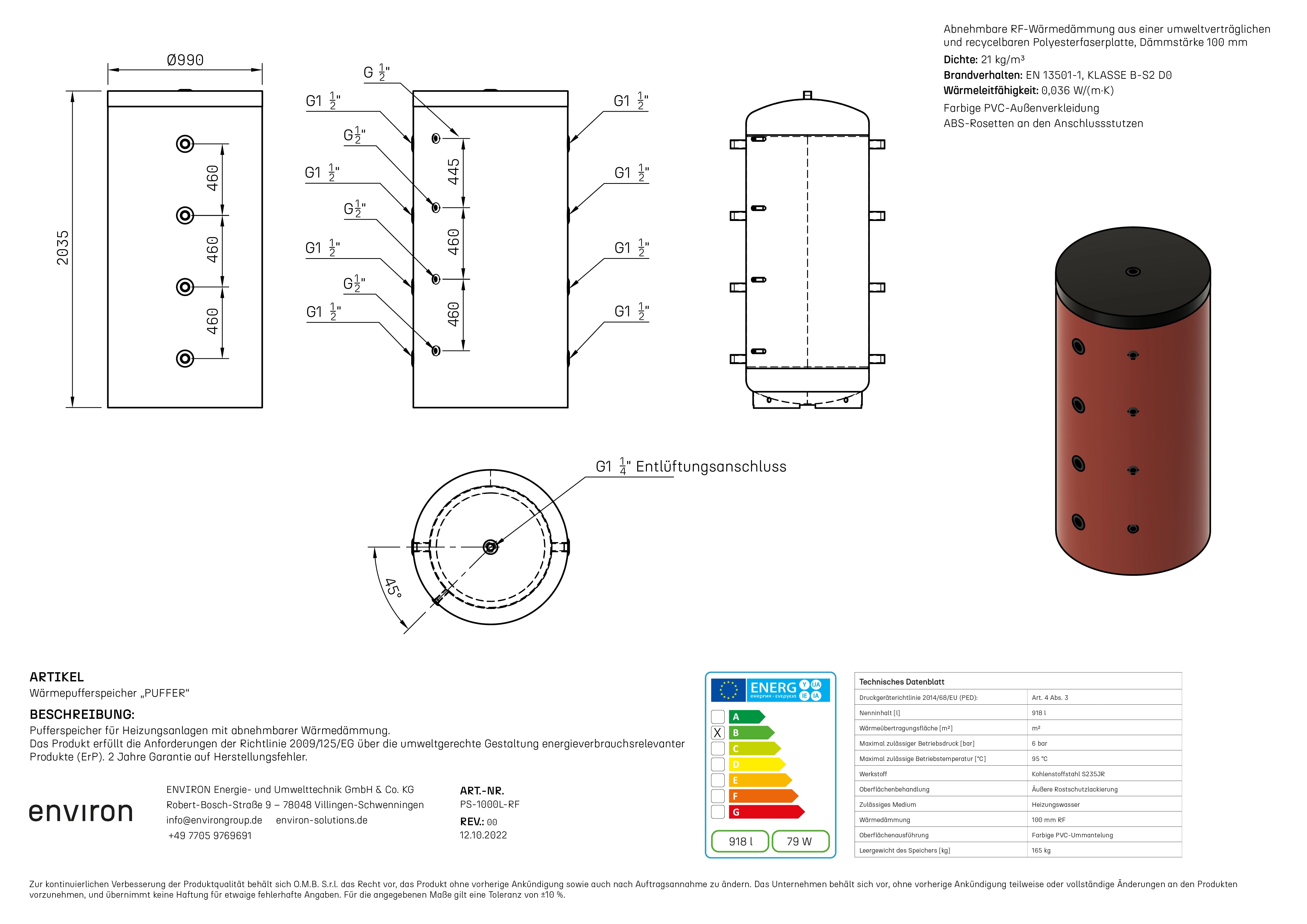 PS 1000 – Pufferspeicher 1000 Liter – ohne Wärmetauscher – abnehmbare Dämmung
