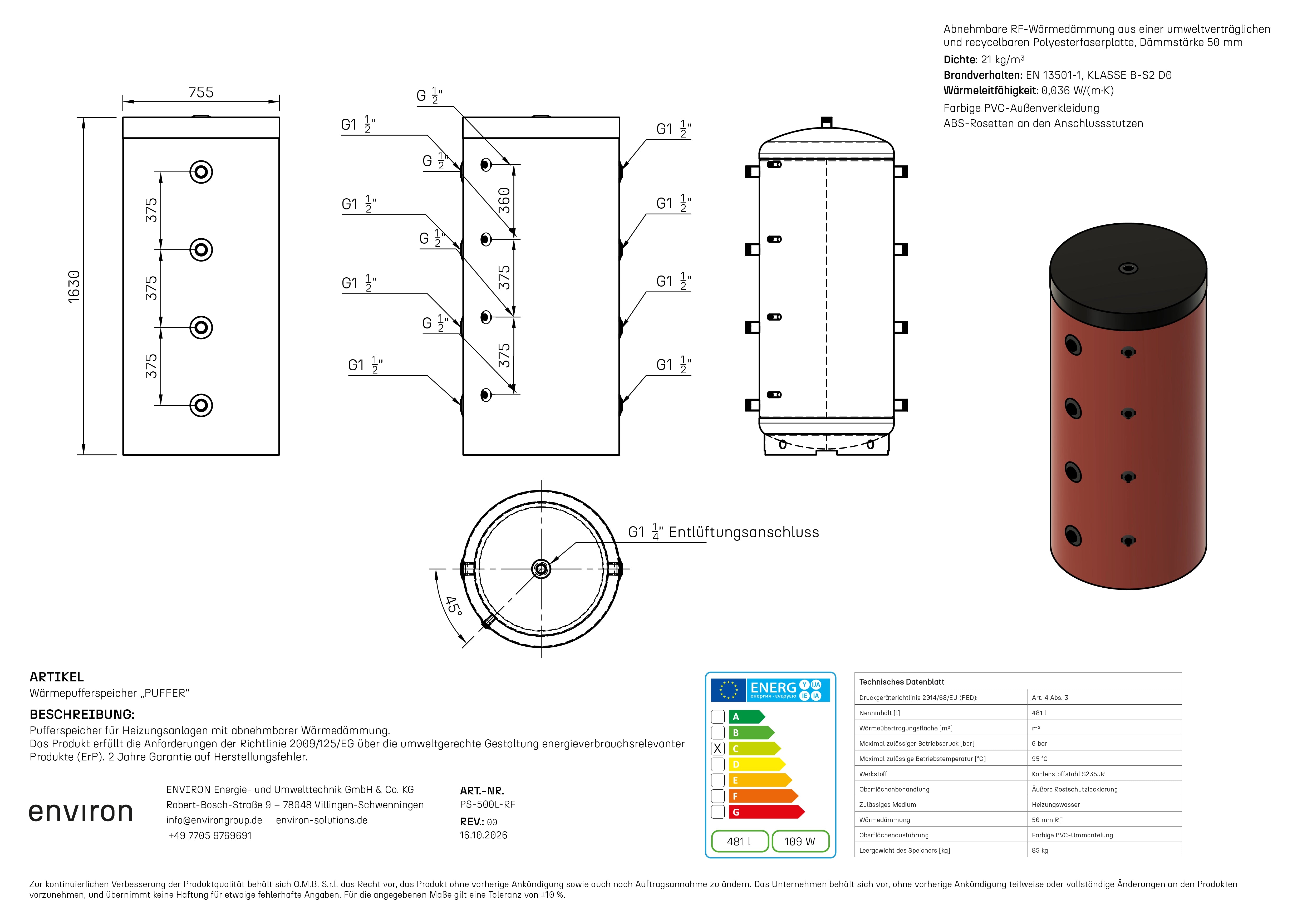 PS 500 – Pufferspeicher 500 Liter – ohne Wärmetauscher – PU-Dämmung