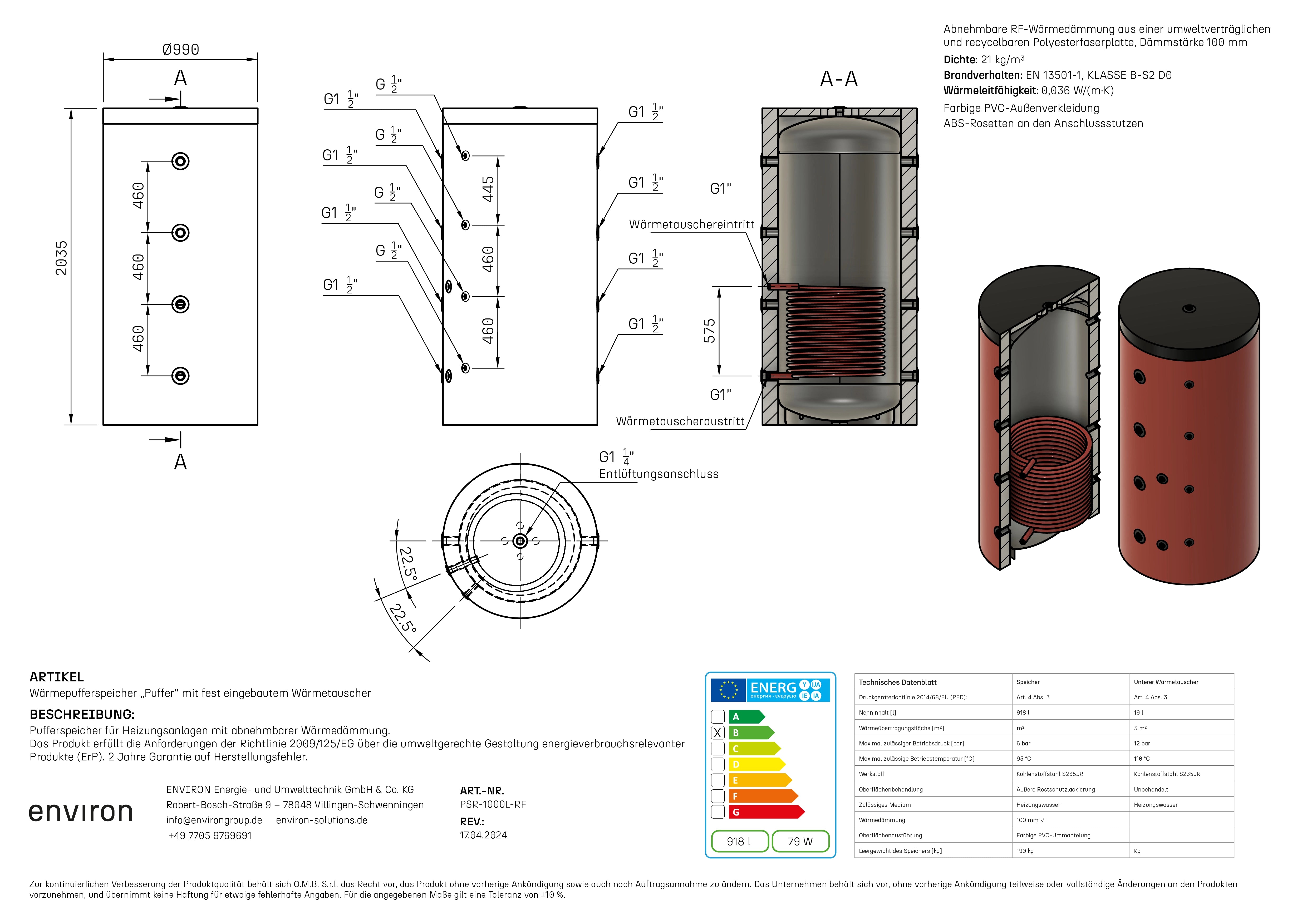 PSR 1000 – Pufferspeicher 1000 Liter – mit 1 Wärmetauscher – abnehmbare Dämmung