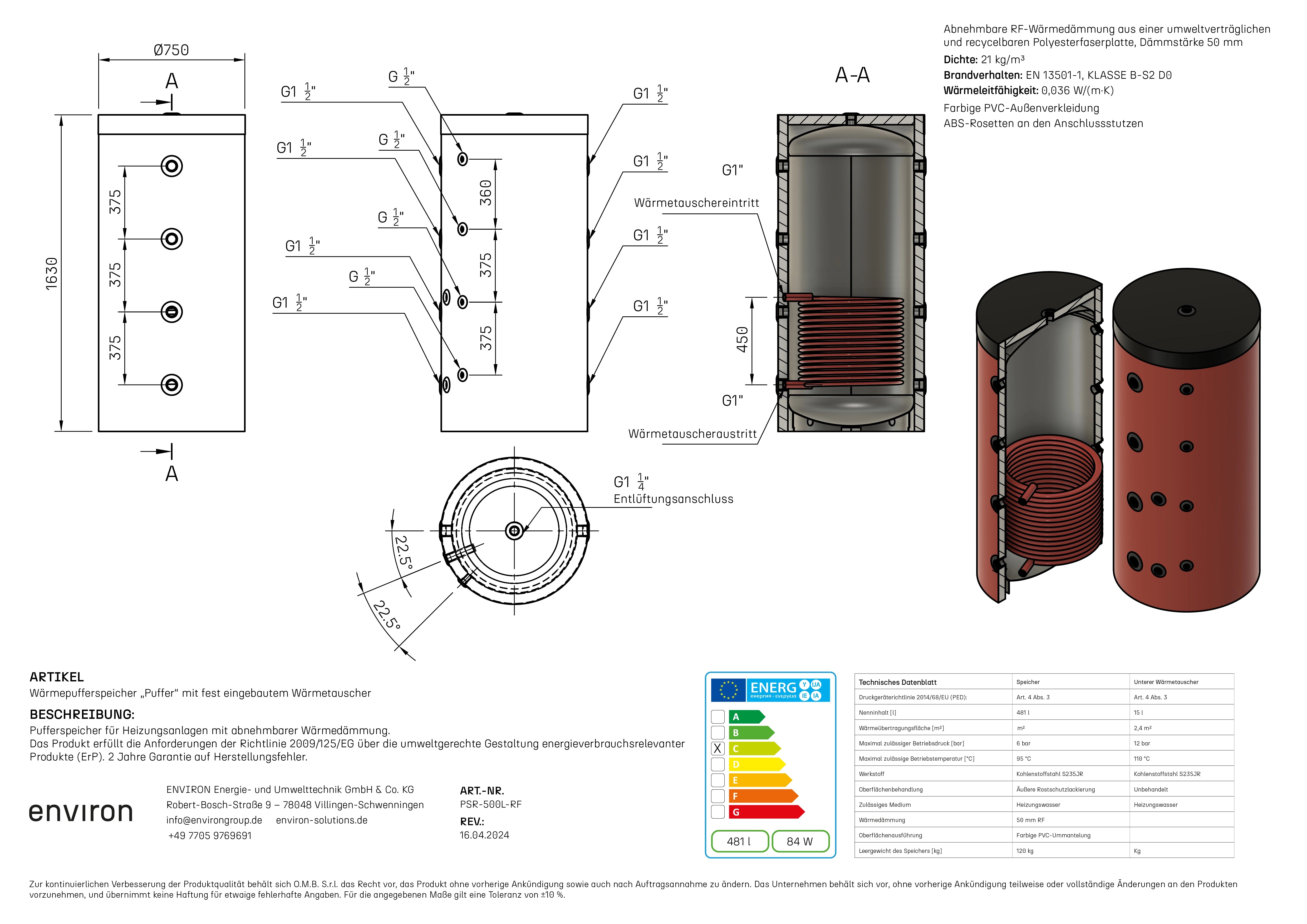 PSR 500 – Pufferspeicher 500 Liter – mit 1 Wärmetauscher – PU-Hartschaum
