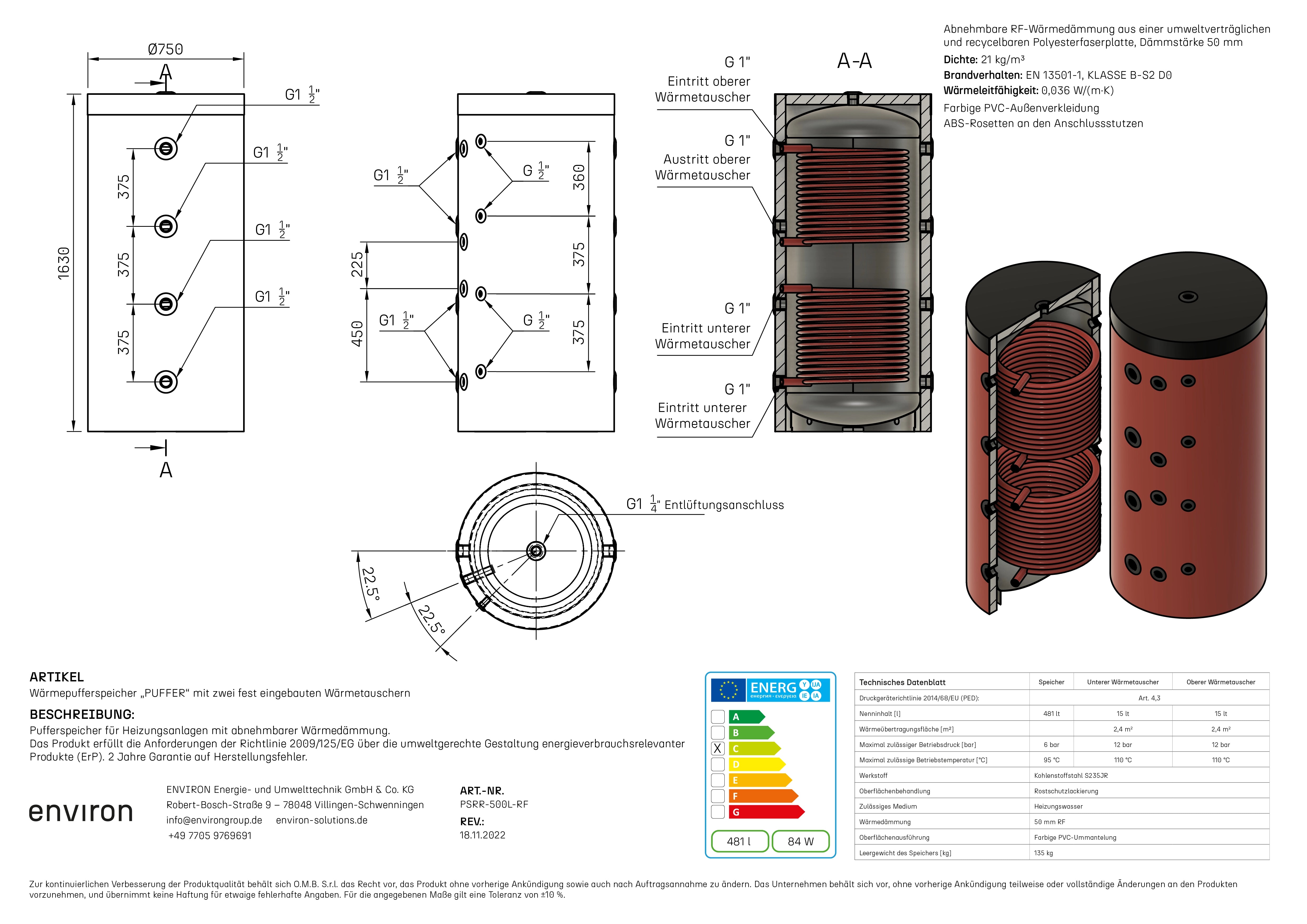 PSRR 500 – Pufferspeicher 500 Liter – mit 2 Wärmetauschern – PU-Hartschaum