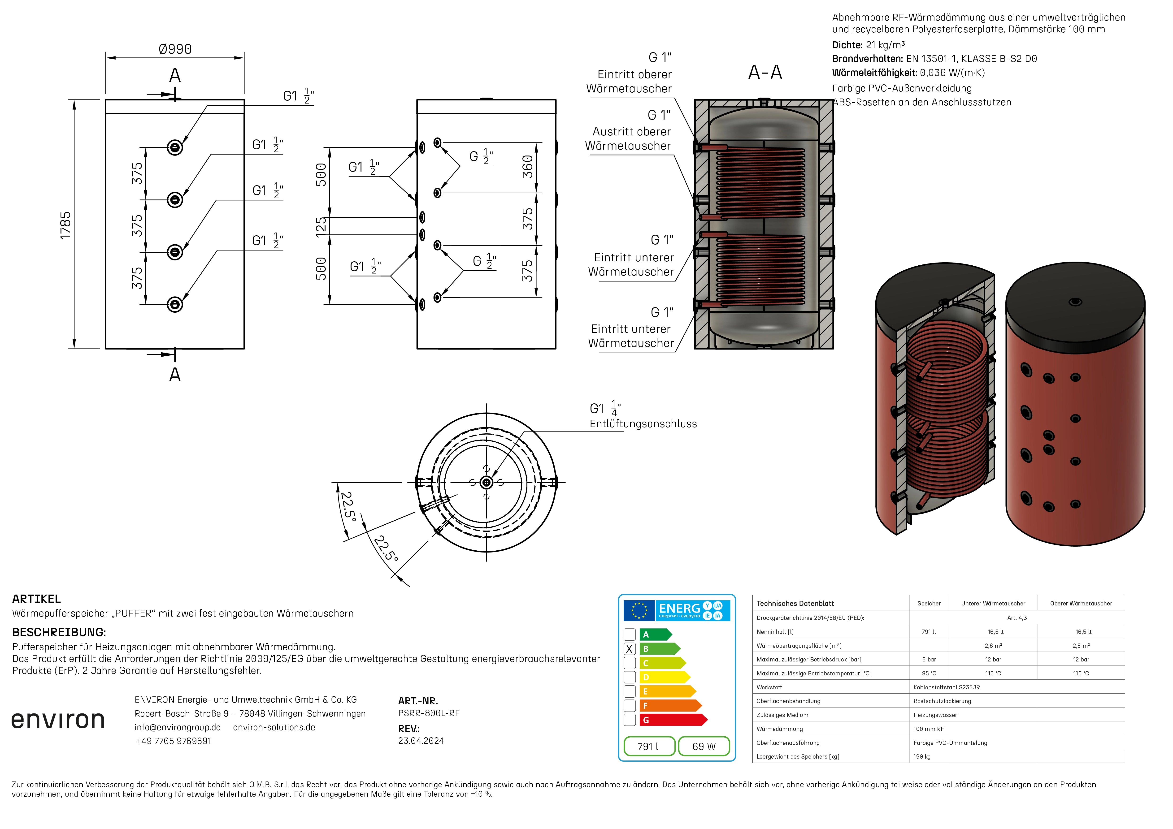 PSRR 800 – Pufferspeicher 800 Liter – mit 2 Wärmetauschern – abnehmbare Dämmung