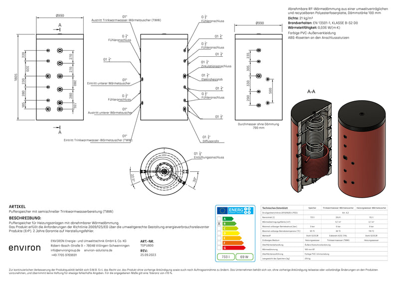 TSPU 800 – Serbatoio igienico 800 litri – con 1 scambiatore di calore – Isolamento rimovibile