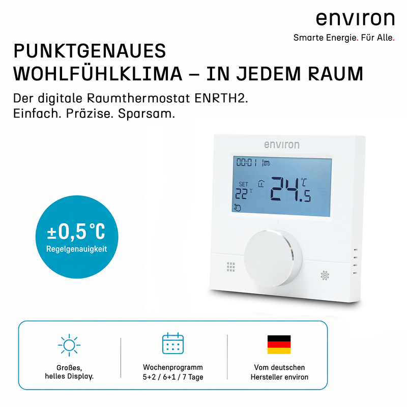 Raumthermostat ENRTH2 Unterputz & Aufputz 230V – digital, Wochenprogramm, Heizen & Kühlen