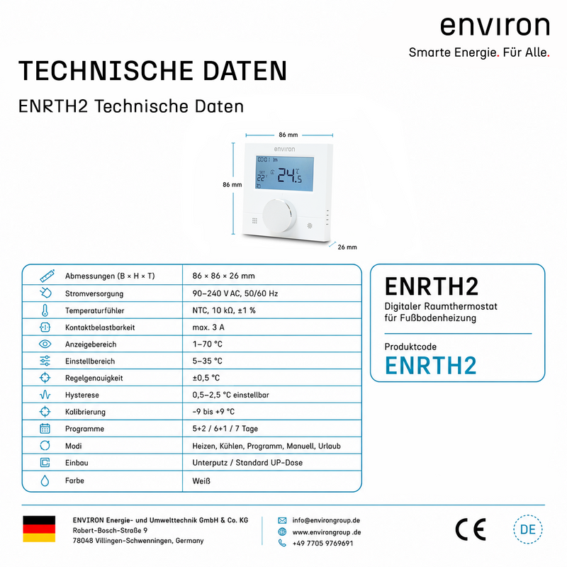 Raumthermostat ENRTH2 Unterputz & Aufputz 230V – digital, Wochenprogramm, Heizen & Kühlen