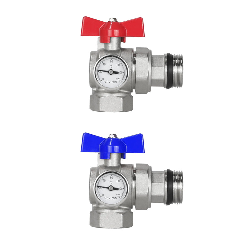 Set rubinetto a sfera 1" angolare 90° con termometro – rosso/blu – per collettore riscaldamento