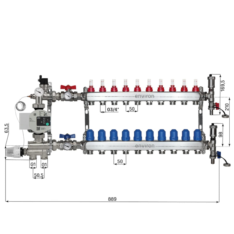 Festwertregelset M059 20-70°C mit Wilo Para 25/6 Hocheffizienzpumpe, Edelstahl-Heizkreisverteiler, Entlüfterset & Kugelhahnset
