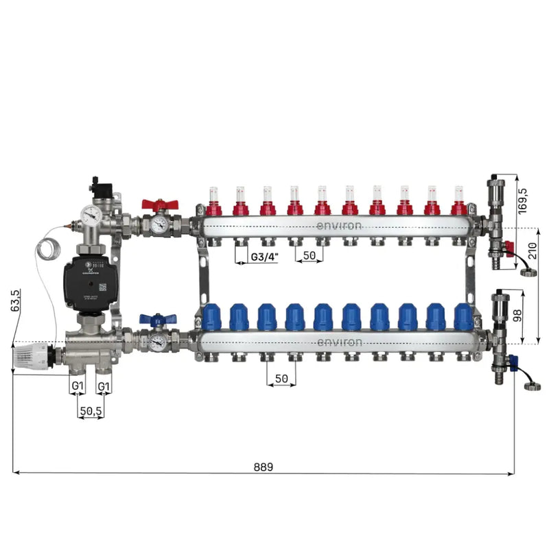 Set di regolazione a valore fisso M059 20-70°C con pompa ad alta efficienza Grundfos UPM3 25/6, collettore di riscaldamento in acciaio inox, set di sfiato e set di valvole a sfera