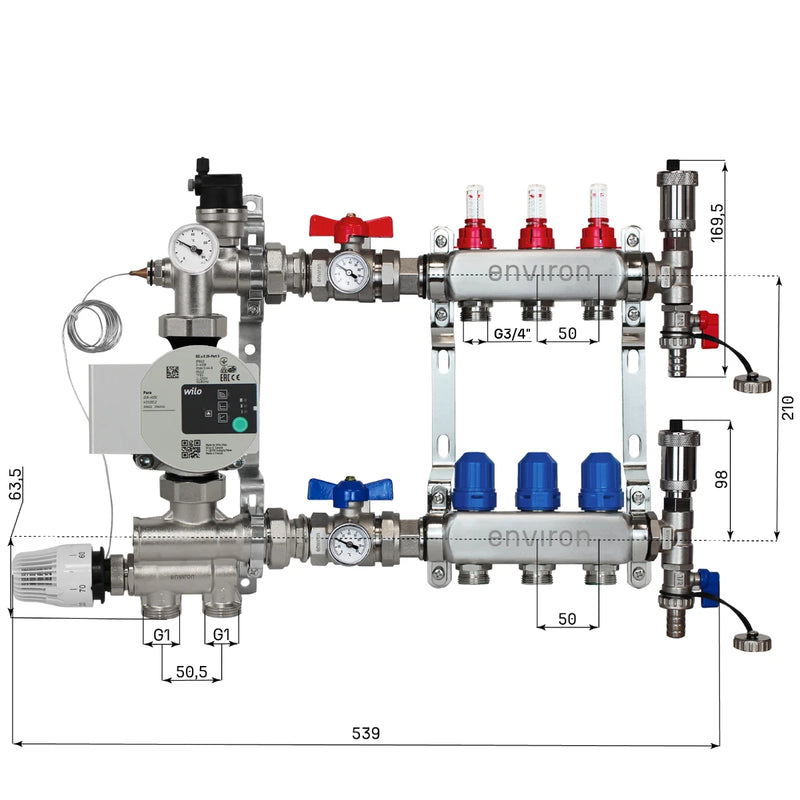 Festwertregelset M059 20-70°C mit Wilo Para 25/6 Hocheffizienzpumpe, Edelstahl-Heizkreisverteiler, Entlüfterset & Kugelhahnset
