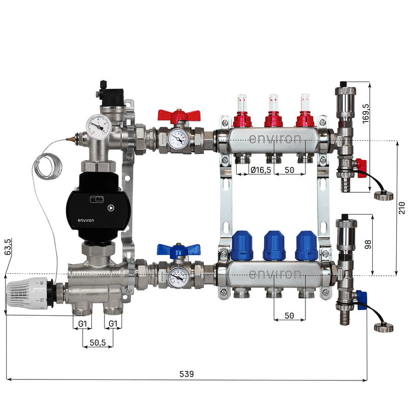 Kit de régulation à valeur fixe M059 avec pompe à haut rendement EcoStar 25/6 et distributeur de circuit de chauffage et accessoires