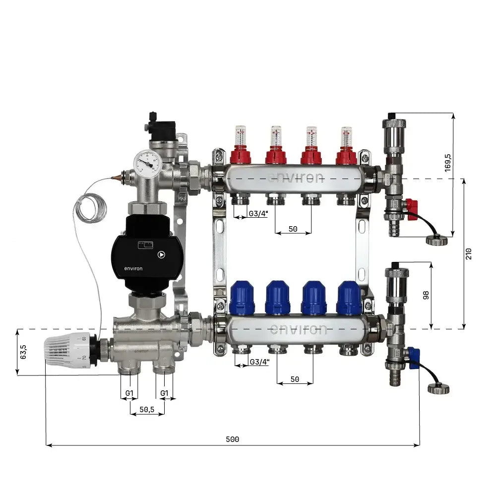 Festwertregelset M059 20-70°C mit EcoStar II 25/6 Hocheffizienzpumpe, Edelstahl-Heizkreisverteiler, Entlüfterset & Kugelhahnset