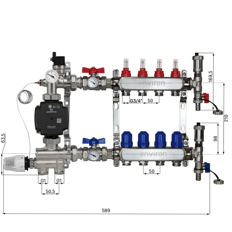 Set di regolazione a valore fisso M059 20-70°C con pompa ad alta efficienza Grundfos UPM3 25/6, collettore di riscaldamento in acciaio inox, set di sfiato e set di valvole a sfera