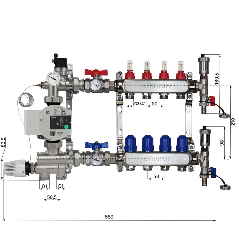 Festwertregelset M059 20-70°C mit Wilo Para 25/6 Hocheffizienzpumpe, Edelstahl-Heizkreisverteiler, Entlüfterset & Kugelhahnset