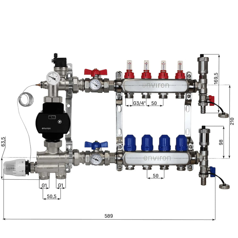 Kit de régulation à valeur fixe M059 avec pompe à haut rendement EcoStar 25/6 et distributeur de circuit de chauffage et accessoires