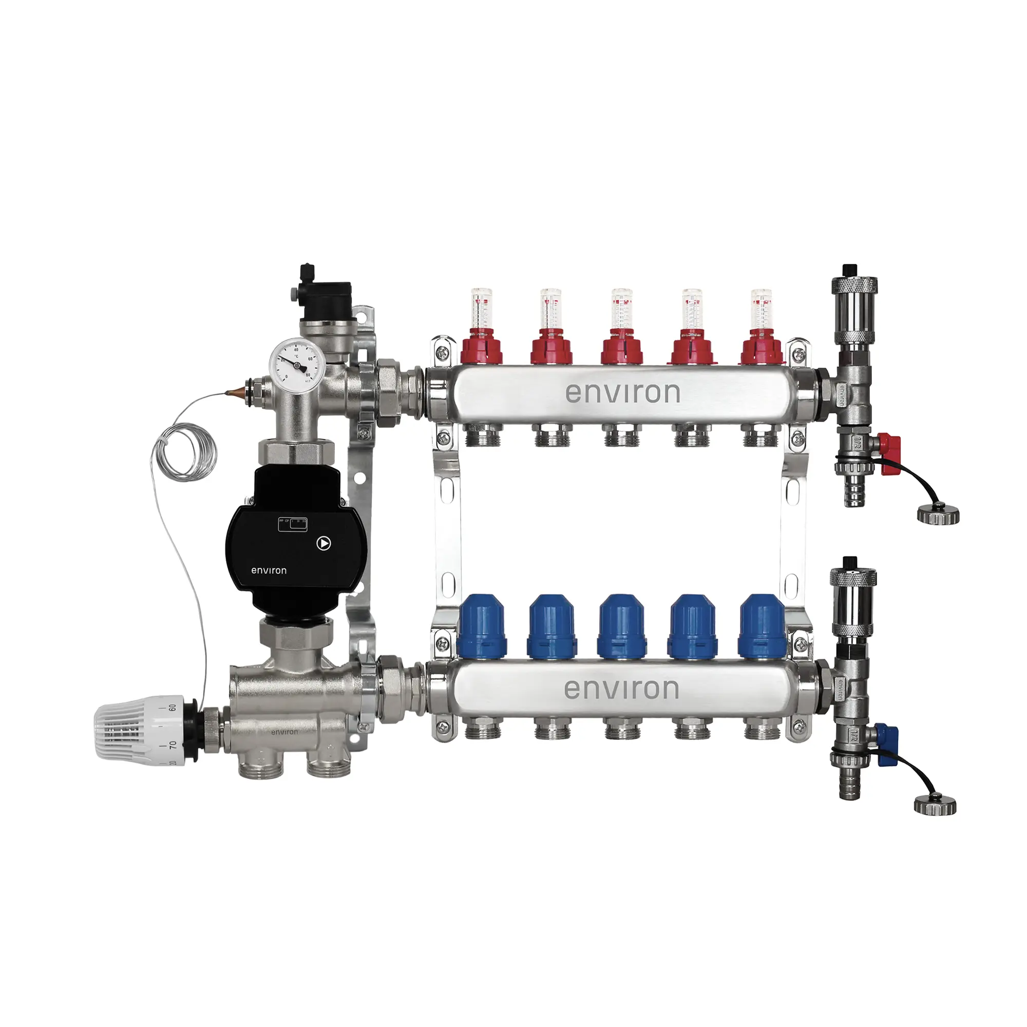 Festwertregelset M059 20-70°C mit EcoStar II 25/6 Hocheffizienzpumpe, Edelstahl-Heizkreisverteiler, Entlüfterset & Kugelhahnset