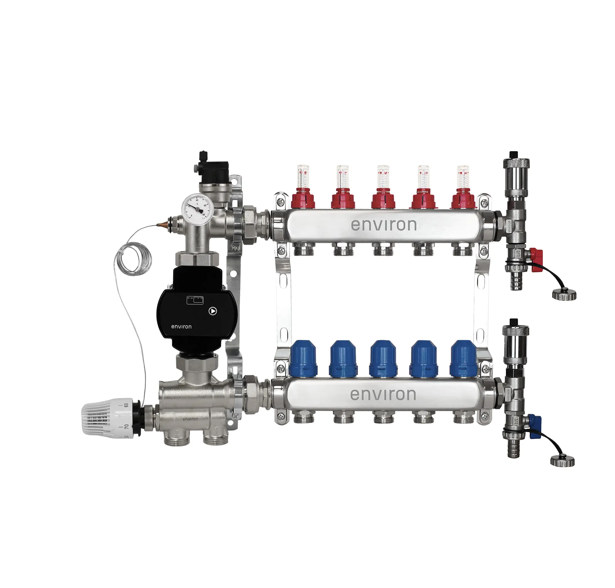 Festwertregelset M059 20-70°C mit EcoStar II 25/6 Hocheffizienzpumpe, Edelstahl-Heizkreisverteiler, Entlüfterset & Kugelhahnset