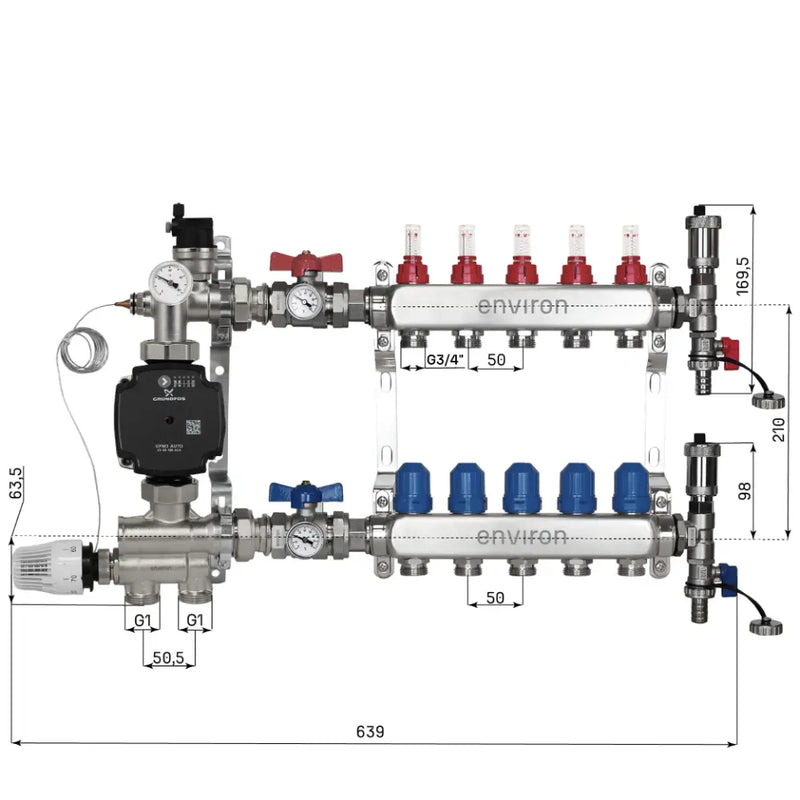 Set di regolazione a valore fisso M059 20-70°C con pompa ad alta efficienza Grundfos UPM3 25/6, collettore di riscaldamento in acciaio inox, set di sfiato e set di valvole a sfera