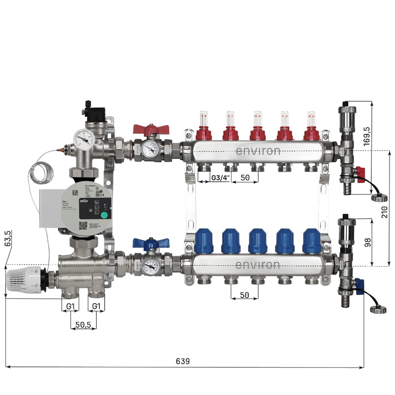 Festwertregelset M059 20-70°C mit Wilo Para 25/6 Hocheffizienzpumpe, Edelstahl-Heizkreisverteiler, Entlüfterset & Kugelhahnset