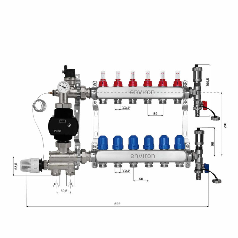 Kit de régulation à valeur fixe M059 avec pompe à haut rendement EcoStar 25/6 et distributeur de circuit de chauffage et accessoires