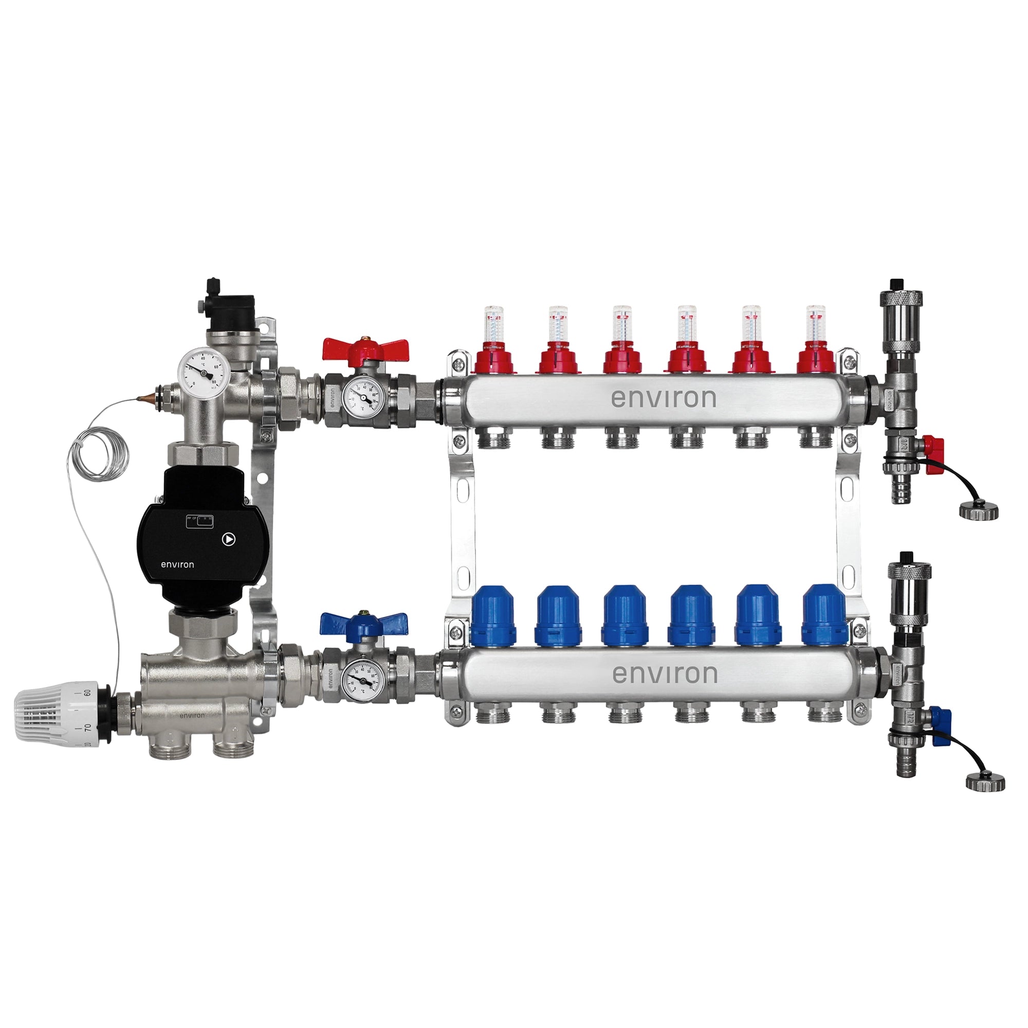 Festwertregelset M059 20-70°C mit EcoStar II 25/6 Hocheffizienzpumpe, Edelstahl-Heizkreisverteiler, Entlüfterset & Kugelhahnset