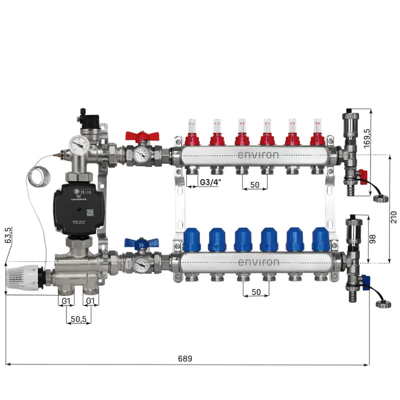 Set di regolazione a valore fisso M059 20-70°C con pompa ad alta efficienza Grundfos UPM3 25/6, collettore di riscaldamento in acciaio inox, set di sfiato e set di valvole a sfera