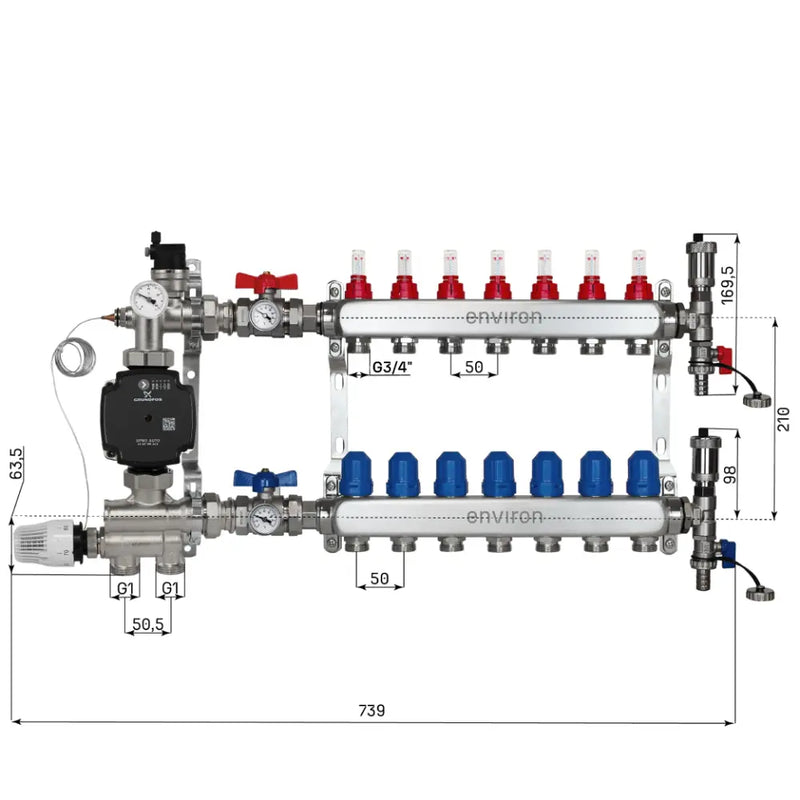 Set di regolazione a valore fisso M059 20-70°C con pompa ad alta efficienza Grundfos UPM3 25/6, collettore di riscaldamento in acciaio inox, set di sfiato e set di valvole a sfera