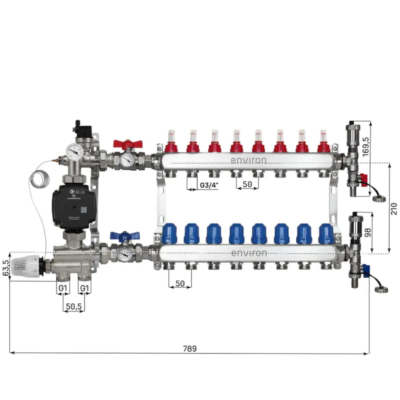 Set di regolazione a valore fisso M059 20-70°C con pompa ad alta efficienza Grundfos UPM3 25/6, collettore di riscaldamento in acciaio inox, set di sfiato e set di valvole a sfera