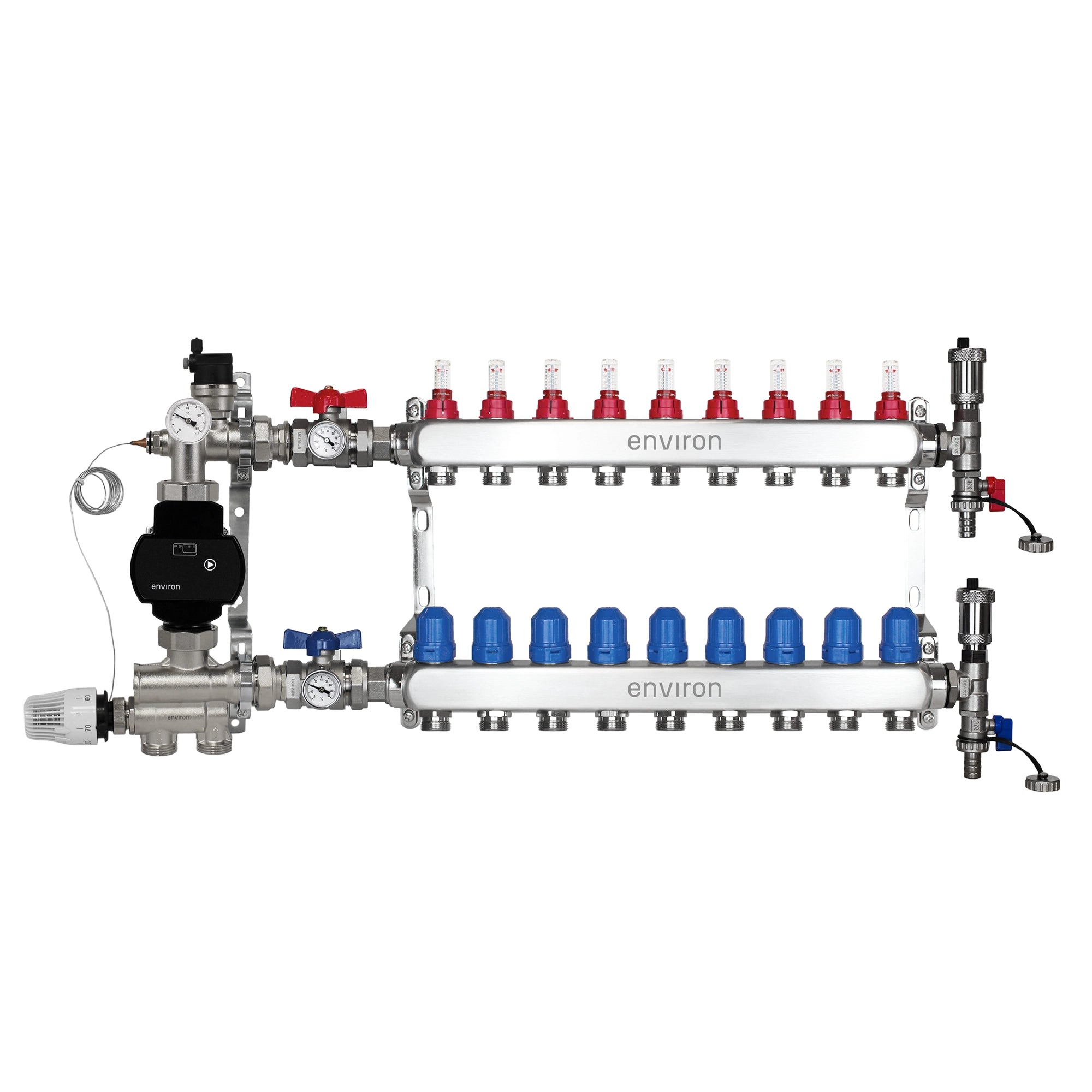 Festwertregelset M059 20-70°C mit EcoStar II 25/6 Hocheffizienzpumpe, Edelstahl-Heizkreisverteiler, Entlüfterset & Kugelhahnset