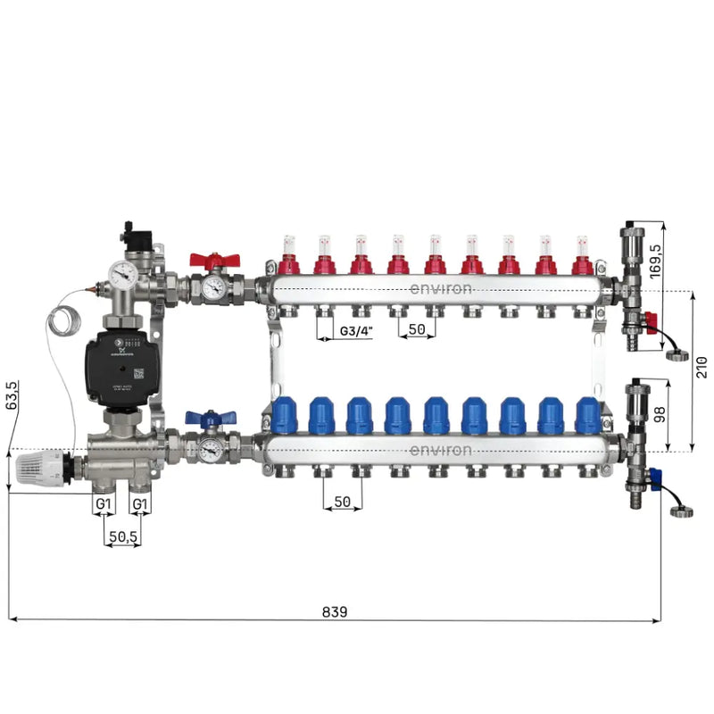 Set di regolazione a valore fisso M059 20-70°C con pompa ad alta efficienza Grundfos UPM3 25/6, collettore di riscaldamento in acciaio inox, set di sfiato e set di valvole a sfera