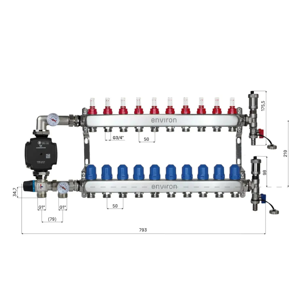 Festwertregelset M058 20-55°C mit Grundfos UPM3 25/6 Hocheffizienzpumpe, Edelstahl-Heizkreisverteiler, Entlüfterset & Kugelhahnset