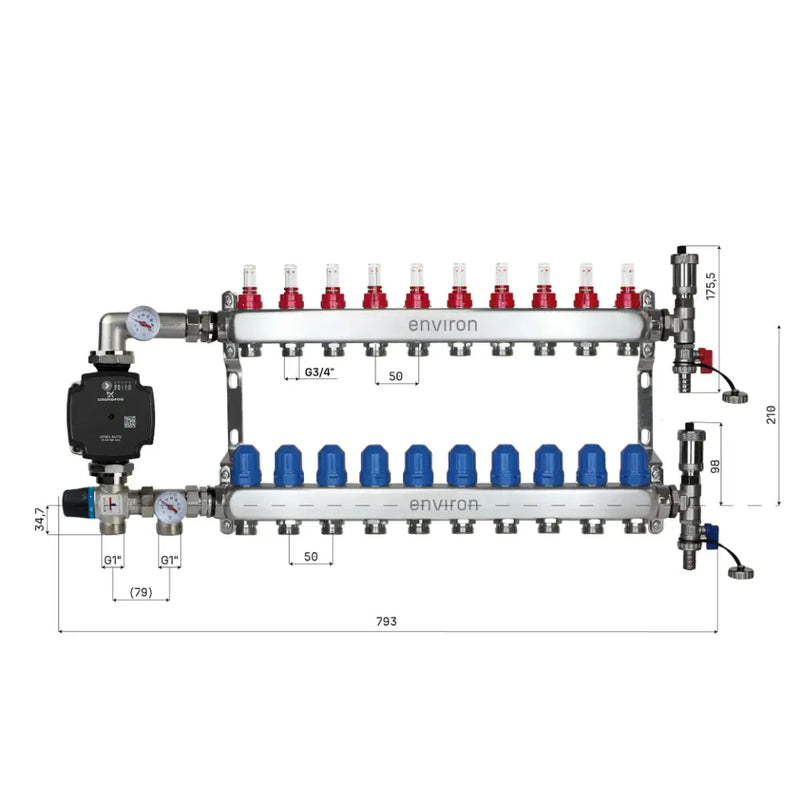Set di regolazione a valore fisso M058 20-55°C con pompa ad alta efficienza Grundfos UPM3 25/6, collettore di riscaldamento in acciaio inox, set di sfiato e set di valvole a sfera