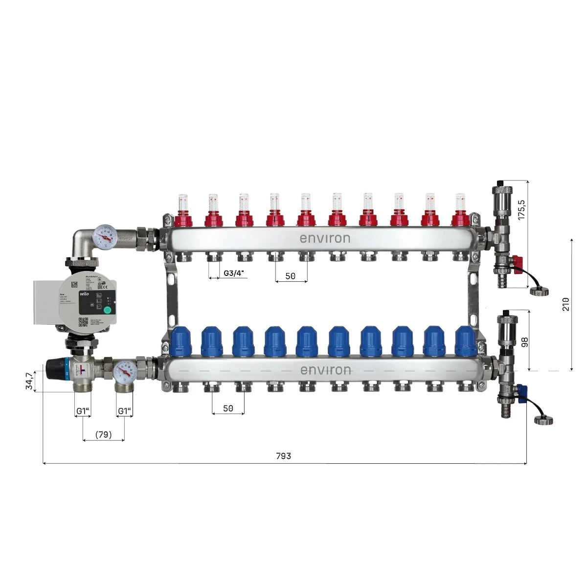 Festwertregelset M058 20-55°C mit Wilo Para 25/6 Hocheffizienzpumpe, Edelstahl-Heizkreisverteiler, Entlüfterset & Kugelhahnset