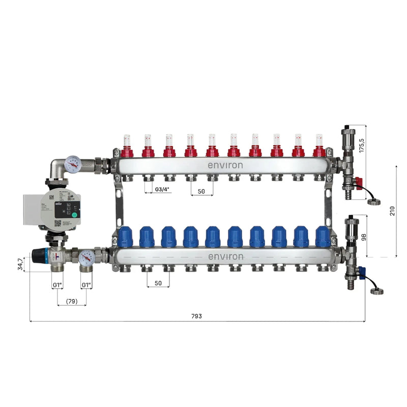 Set di regolazione a valore fisso M058 20-55°C con pompa ad alta efficienza Wilo Para 25/6, collettore di riscaldamento in acciaio inox, set di sfiato e set di valvole a sfera