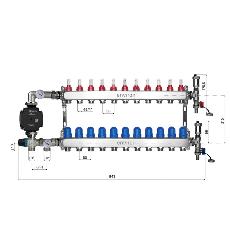 Set di regolazione a valore fisso M058 20-55°C con pompa ad alta efficienza Grundfos UPM3 25/6, collettore di riscaldamento in acciaio inox, set di sfiato e set di valvole a sfera