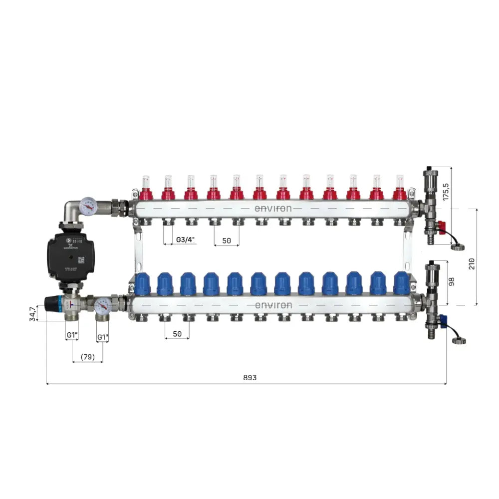 Festwertregelset M058 20-55°C mit Grundfos UPM3 25/6 Hocheffizienzpumpe, Edelstahl-Heizkreisverteiler, Entlüfterset & Kugelhahnset