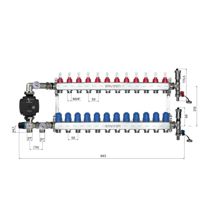 Set di regolazione a valore fisso M058 20-55°C con pompa ad alta efficienza Grundfos UPM3 25/6, collettore di riscaldamento in acciaio inox, set di sfiato e set di valvole a sfera