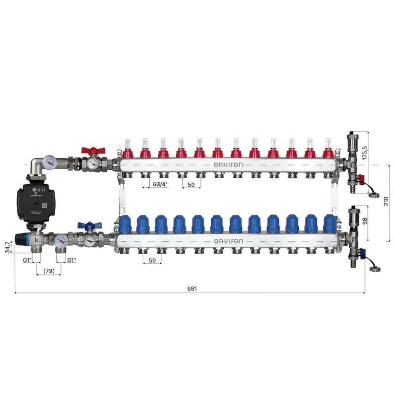 Set di regolazione a valore fisso M058 20-55°C con pompa ad alta efficienza Grundfos UPM3 25/6, collettore di riscaldamento in acciaio inox, set di sfiato e set di valvole a sfera