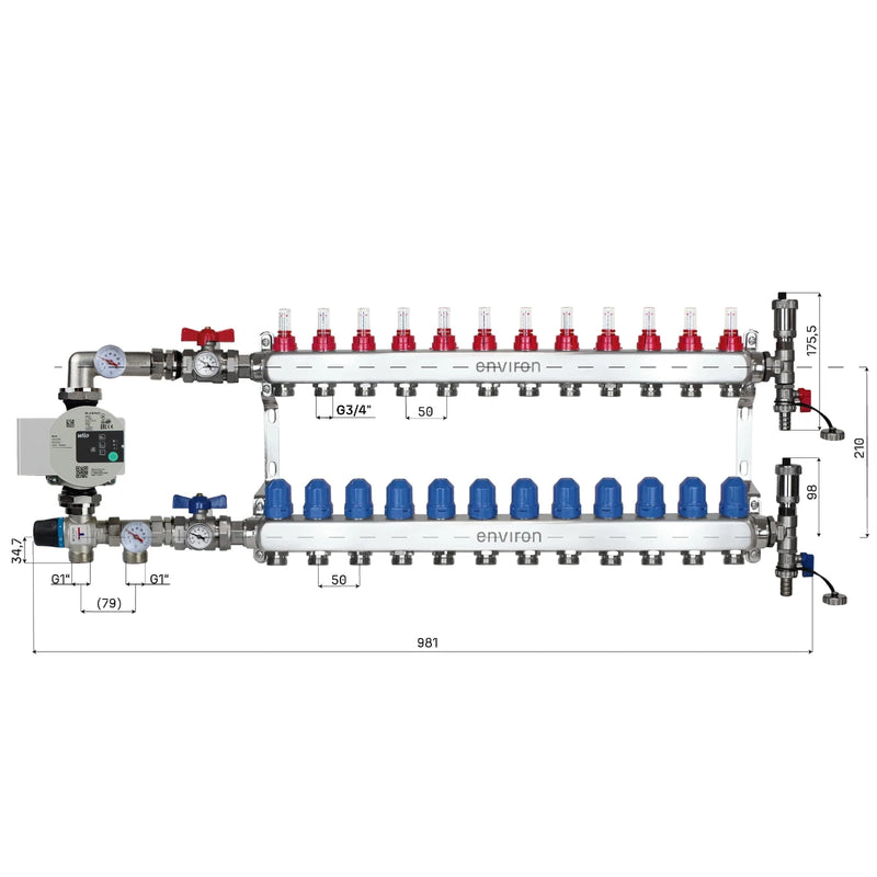 Set di regolazione a valore fisso M058 20-55°C con pompa ad alta efficienza Wilo Para 25/6, collettore di riscaldamento in acciaio inox, set di sfiato e set di valvole a sfera