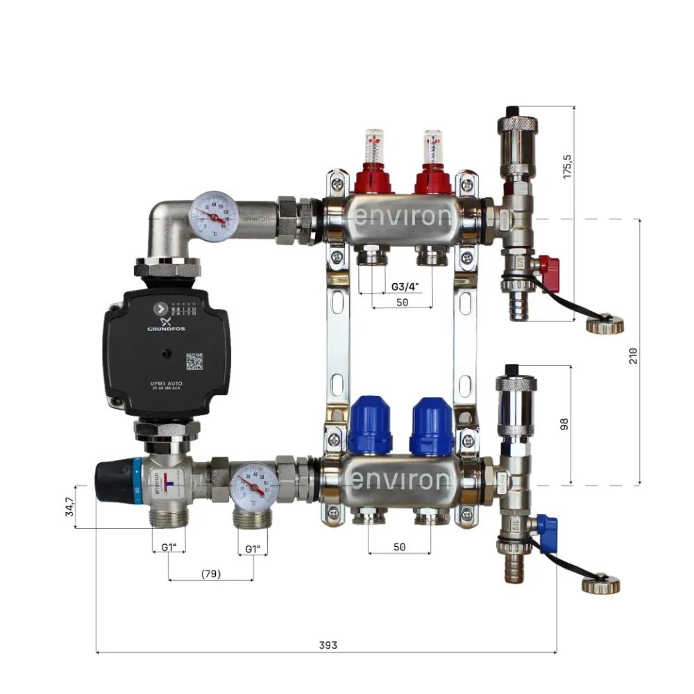 Festwertregelset M058 20-55°C mit Grundfos UPM3 25/6 Hocheffizienzpumpe, Edelstahl-Heizkreisverteiler, Entlüfterset & Kugelhahnset
