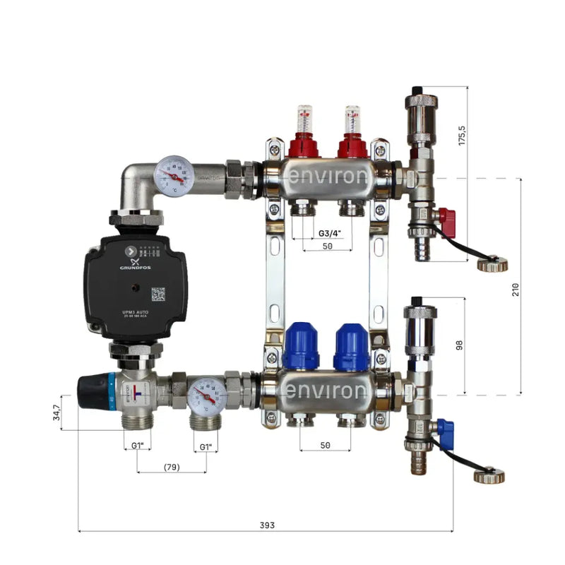 Set di regolazione a valore fisso M058 20-55°C con pompa ad alta efficienza Grundfos UPM3 25/6, collettore di riscaldamento in acciaio inox, set di sfiato e set di valvole a sfera