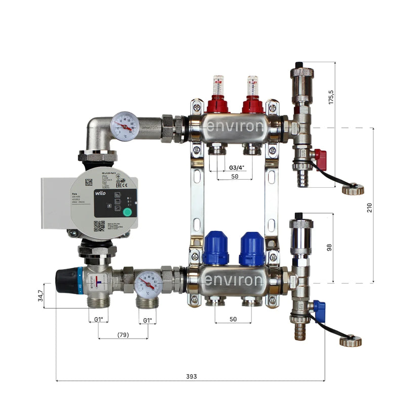 Set di regolazione a valore fisso M058 20-55°C con pompa ad alta efficienza Wilo Para 25/6, collettore di riscaldamento in acciaio inox, set di sfiato e set di valvole a sfera