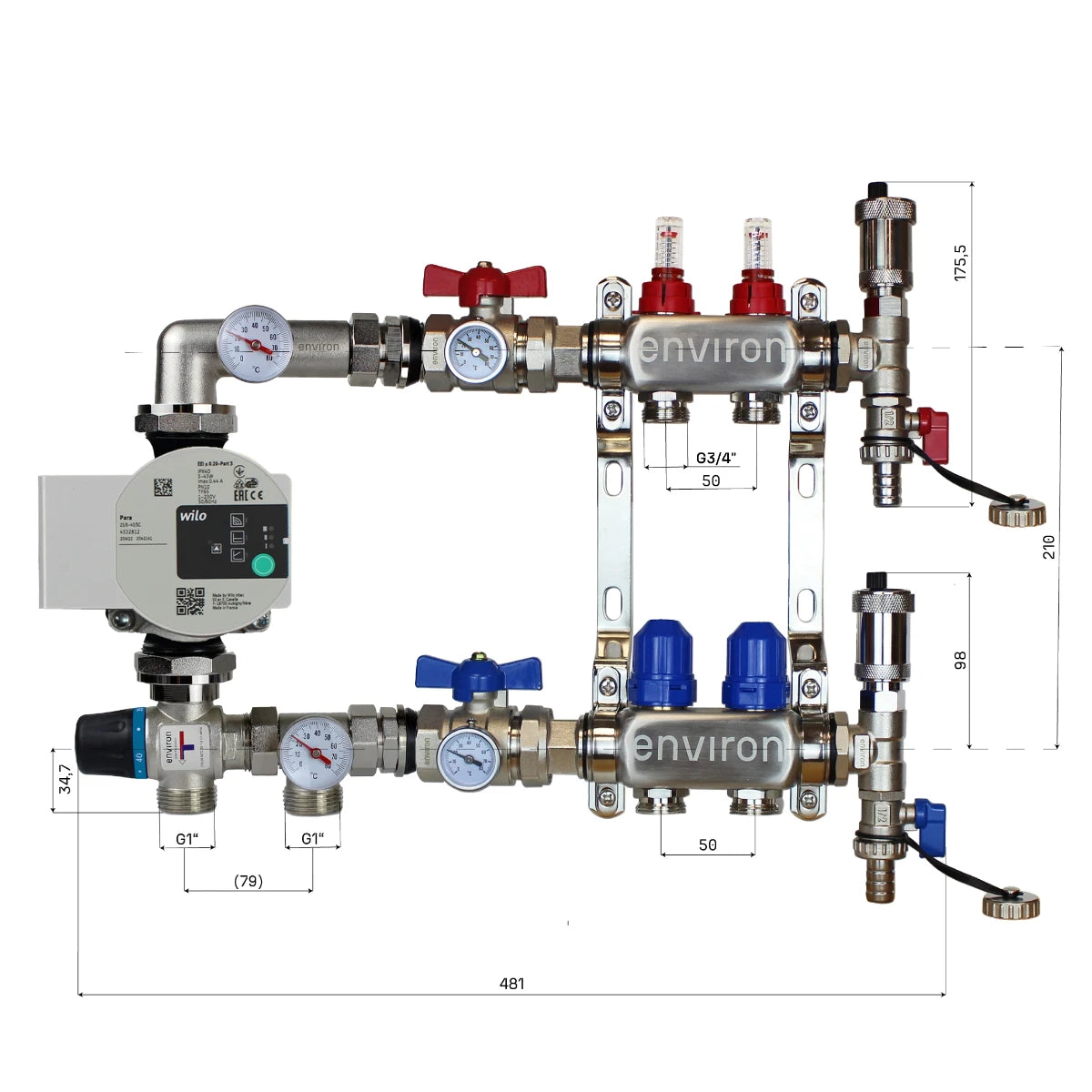 Festwertregelset M058 20-55°C mit Wilo Para 25/6 Hocheffizienzpumpe, Edelstahl-Heizkreisverteiler, Entlüfterset & Kugelhahnset