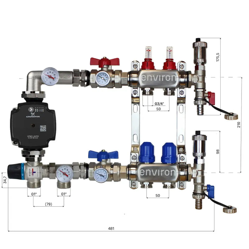 Set di regolazione a valore fisso M058 20-55°C con pompa ad alta efficienza Grundfos UPM3 25/6, collettore di riscaldamento in acciaio inox, set di sfiato e set di valvole a sfera