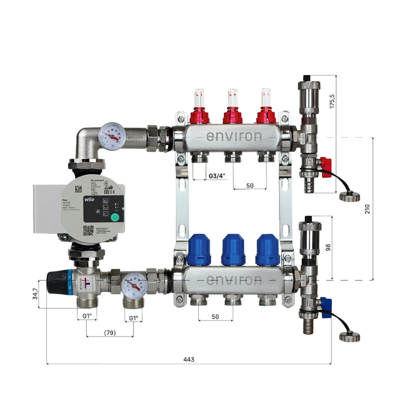 Set di regolazione a valore fisso M058 20-55°C con pompa ad alta efficienza Wilo Para 25/6, collettore di riscaldamento in acciaio inox, set di sfiato e set di valvole a sfera