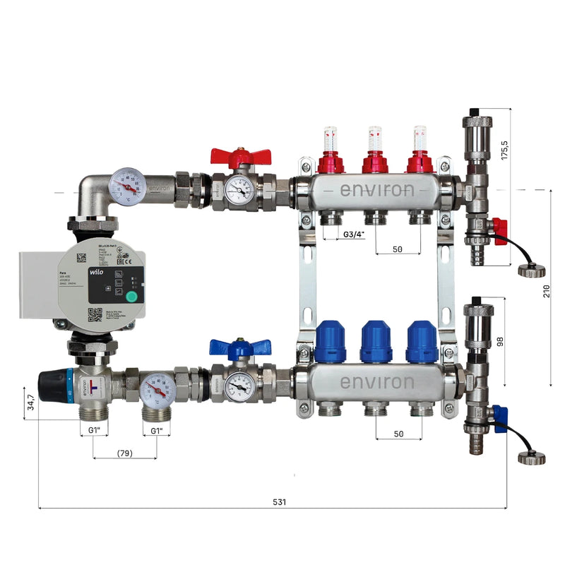 Set di regolazione a valore fisso M058 20-55°C con pompa ad alta efficienza Wilo Para 25/6, collettore di riscaldamento in acciaio inox, set di sfiato e set di valvole a sfera