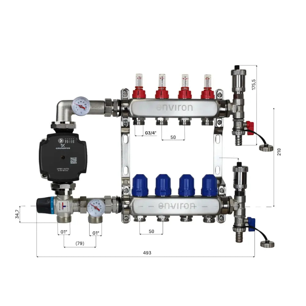 Festwertregelset M058 20-55°C mit Grundfos UPM3 25/6 Hocheffizienzpumpe, Edelstahl-Heizkreisverteiler, Entlüfterset & Kugelhahnset