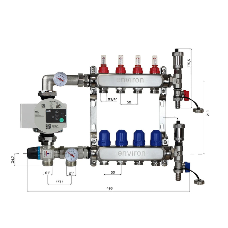 Set di regolazione a valore fisso M058 20-55°C con pompa ad alta efficienza Wilo Para 25/6, collettore di riscaldamento in acciaio inox, set di sfiato e set di valvole a sfera
