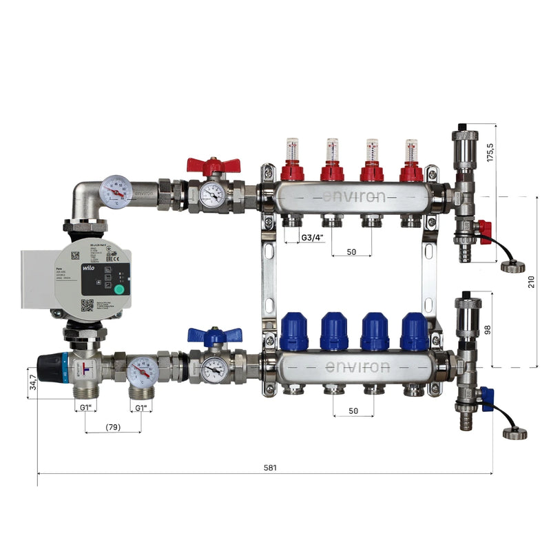 Set di regolazione a valore fisso M058 20-55°C con pompa ad alta efficienza Wilo Para 25/6, collettore di riscaldamento in acciaio inox, set di sfiato e set di valvole a sfera