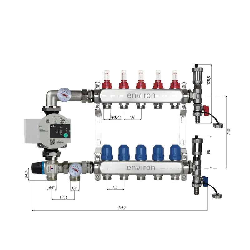 Set di regolazione a valore fisso M058 20-55°C con pompa ad alta efficienza Wilo Para 25/6, collettore di riscaldamento in acciaio inox, set di sfiato e set di valvole a sfera